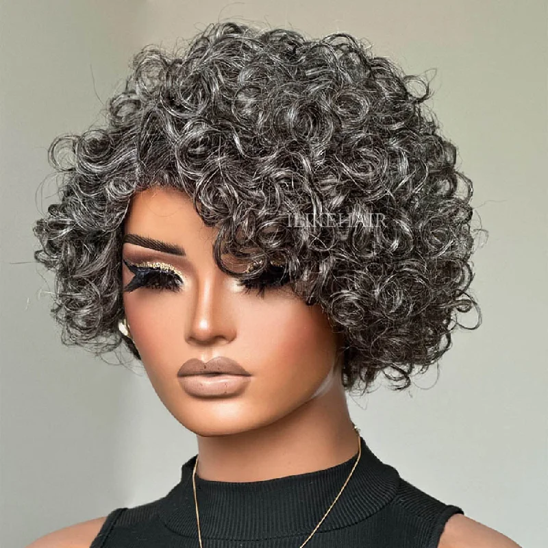 Colored wig with a side - swept bang for a sophisticated lookGlueless Salt & Pepper Rose Curly Bob Human Hair Wig