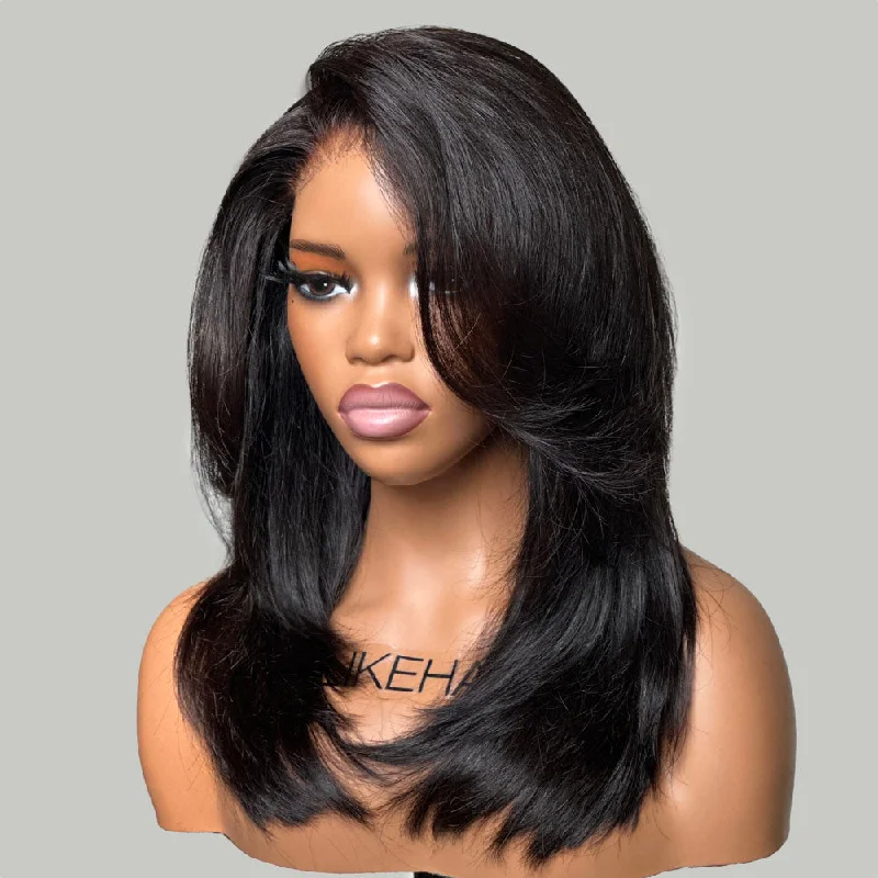 Lace wig with a middle - part for a classic and elegant styleGlueless Shaggy Layered Cut With Side-swept Bangs 5x5 Lace Closure Wig