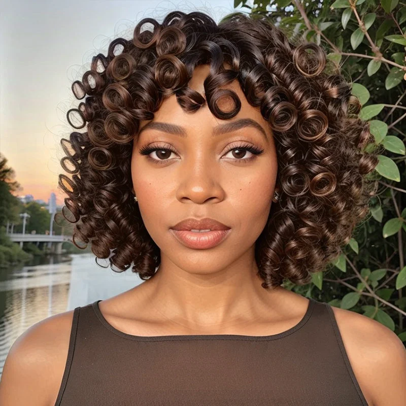 Colored wig with a middle - part for a classic and elegant styleGlueless Short Bob Highlight 4/27 Color Loose Curly Wig With Bangs Human Hair Wigs