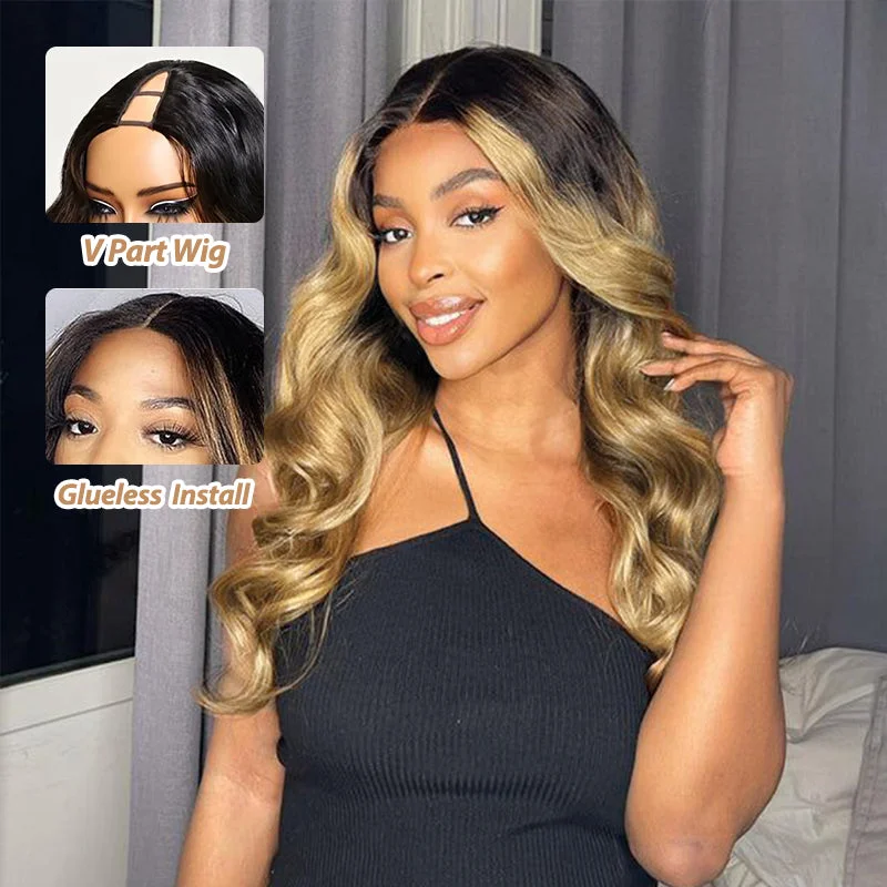 Adjustable - cap colored wig for a comfortable fitGlueless #T1B/27 Ombre V Part Wig No Leave Out Beginner Friendly Upgrade U Part Wig