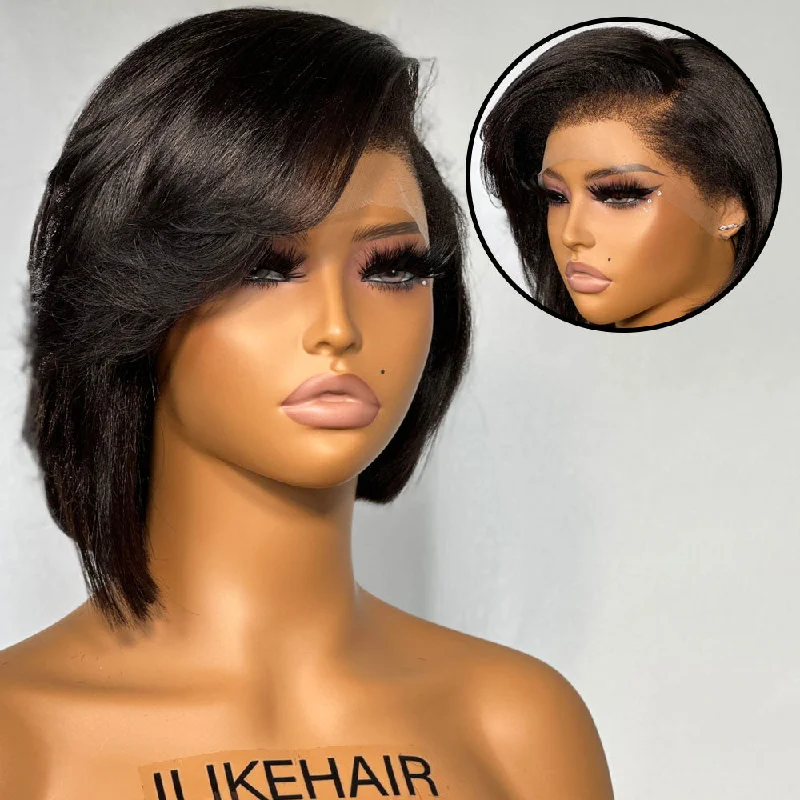 Lace wig with a 200 - density for a full and thick appearanceYaki Bob Kinky Edges 13x4 Lace Front Wig With Side Layered Bangs