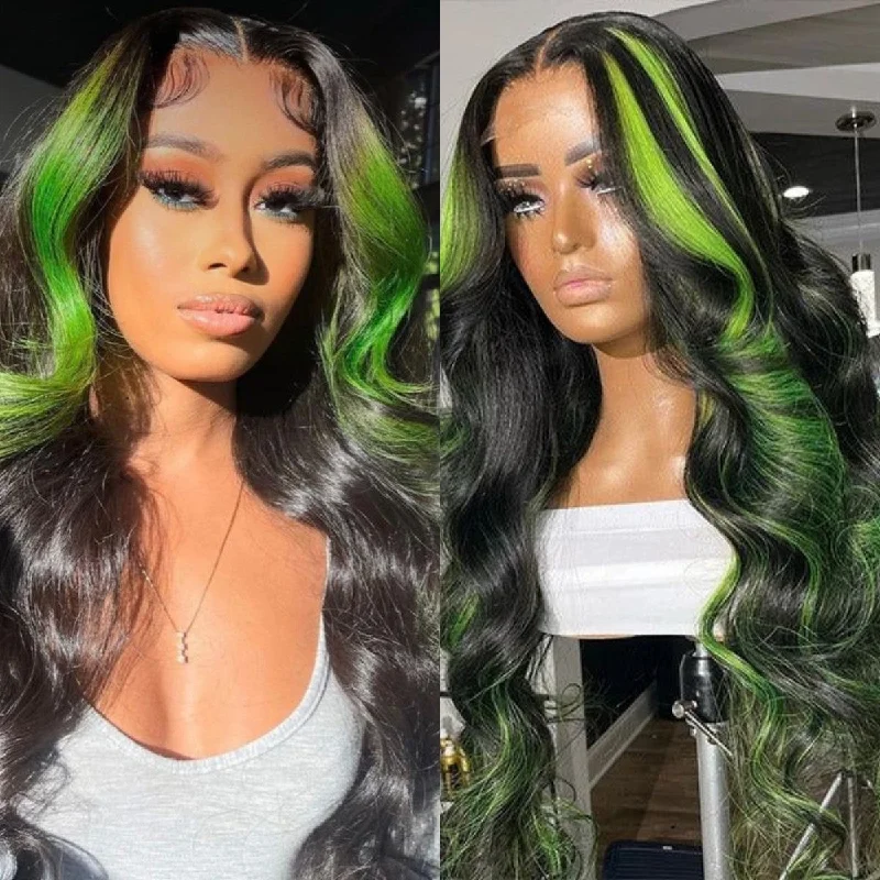 Colored wig with a side - part for a more flattering appearanceGreen Skunk Stripe Wig 13x6 Lace Frontal Human Hair Body Wave for Women