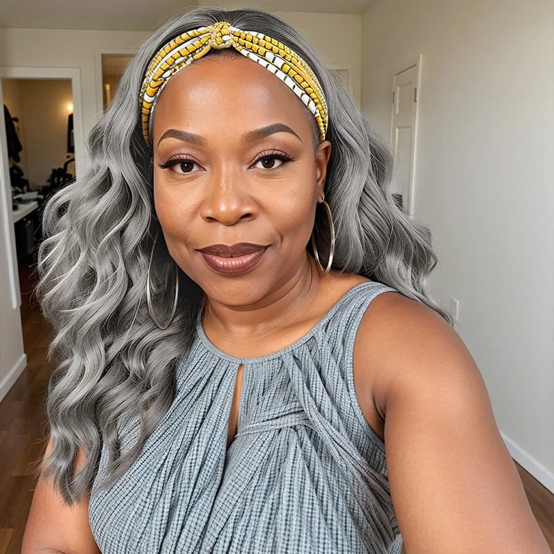 Colored wig with a side - part for a more flattering appearanceGrey Headband Wig Body Wave Glueless Virgin Human Hair