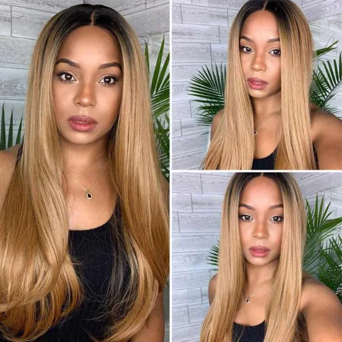 Human - hair wig with a honey - blonde color for a warm and sunny lookHighlight Ombre T1B/27 Honey Blonde Straight Lace Front Wig For Women