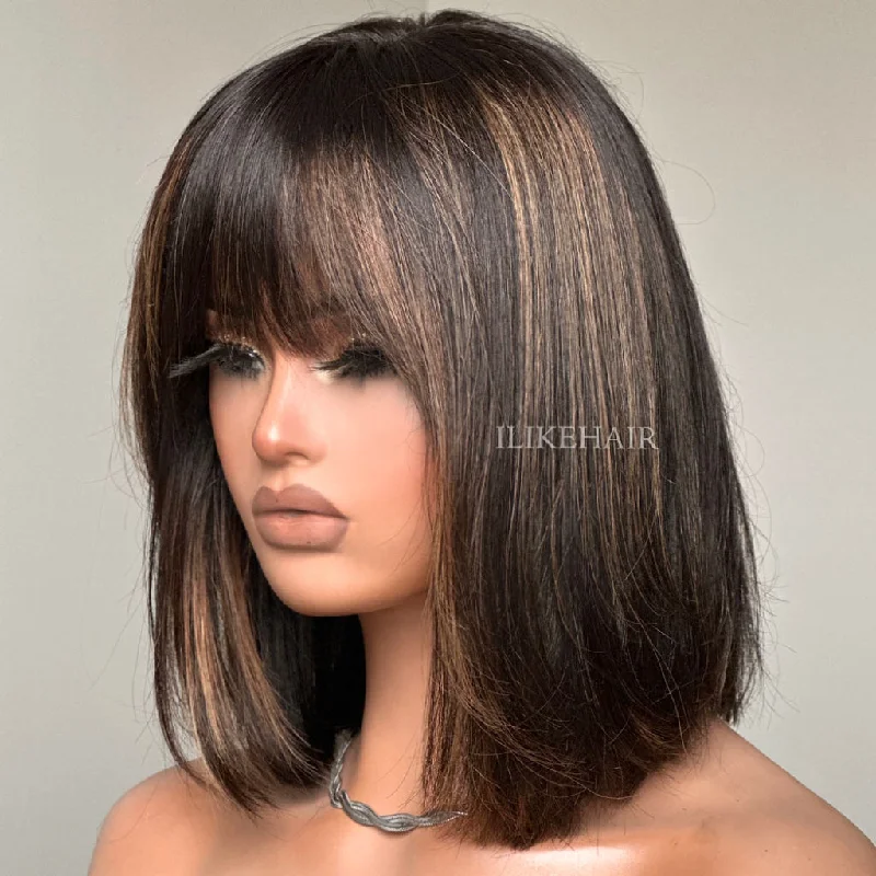 Colored wig with a 150 - density for a full and thick appearanceHighlight Short Straight Human Hair Wig With Bangs