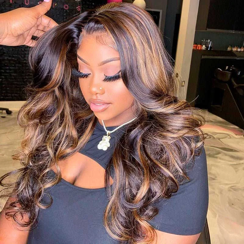 Colored wig with a wavy texture for a beachy and fun lookBrown Highlight Brazilian Body Wave Lace Front Human Hair Wigs For Black Women Pre plucked