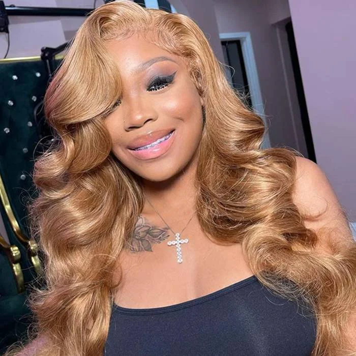 Peruvian - human - hair wig with a soft and manageable feelHoney Blonde 4x4 Lace Closure Wigs 27 Colored Body Wave Human Hair Wigs