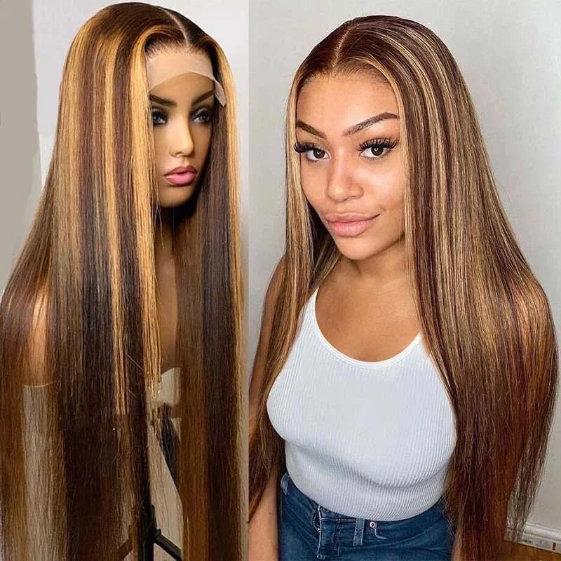 Colored wig with a pre - bleached knot for a natural - looking scalpPiano Honey Blonde Highlights Brazilian 13x4 Full Lace Frontal Straight Human Hair Wigs