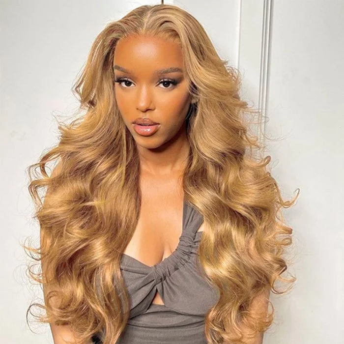 Human - hair wig with a wavy texture for a beachy and relaxed lookHoney Blonde Lace Front Wig 27 Colored Body Wave Human Hair Wigs