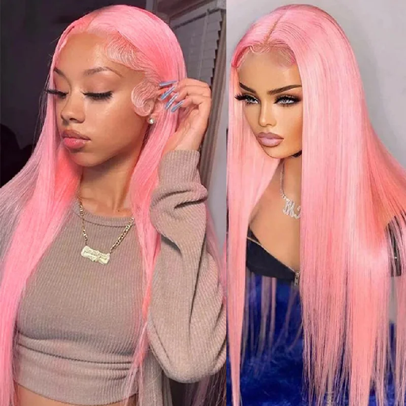 Colored wig with a side - part for a more flattering appearanceHot Star 210% Density Customized Colored Pink Wigs Human Hair Pre Plucked HD Transparent 13x4 13x6 Brazilian Straight Lace Front Wigs