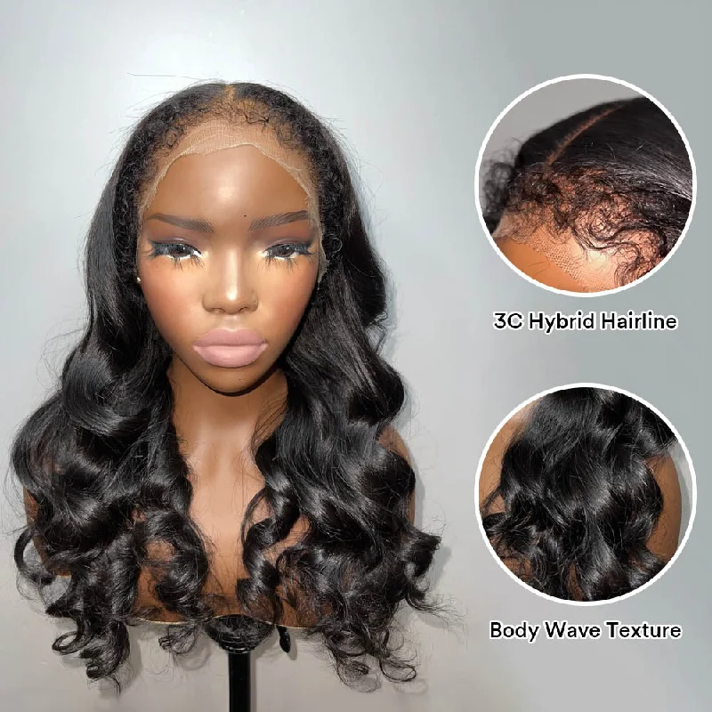 Lace wig with a curly texture for a bold and stylish choiceHybrid Hairline With Body Wave 13x4 HD Lace Front Ventilated Wig