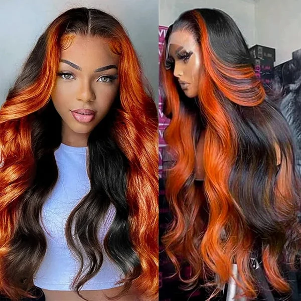 Peruvian - human - hair wig with a soft and manageable feelIshow Ginger Black Colored Wigs 13x4 HD Glueless Human Hair Wig Highlighted Body Wave Wig Pre Plucked