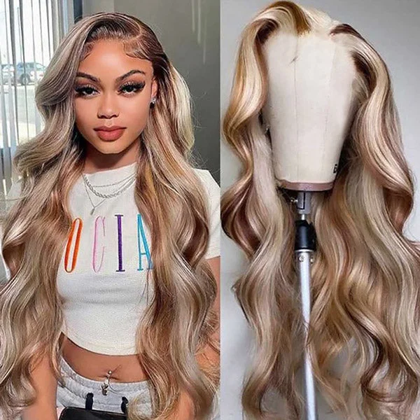 Virgin - human - hair wig with a natural - looking texture for a luxurious feelIshow PPB™ Invisible Knots Brown With Blonde Highlights P4/613 Colored Wigs Body Wave Glueless Pre Cut Wigs