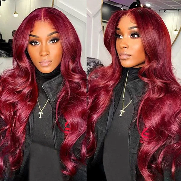 Human - hair wig with a side - part for a more flattering appearanceIshow Burgundy Lace Front Wigs 99J Body Wave Ready To Wear Wig Colored Glueless Human Hair Wig PPB™ Invisible Knots Pre Plucked