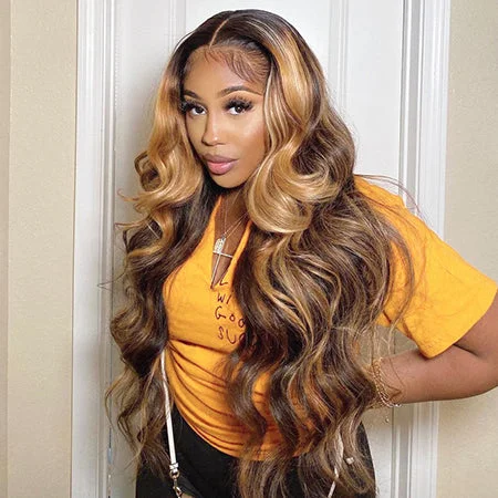 Human - hair wig with a 180 - density for a full and thick appearanceIshow PPB™ Invisible Knots HD Lace Body Wave Highlighted Wigs P4/27 Color Ready To Wear Pre Cut Wigs