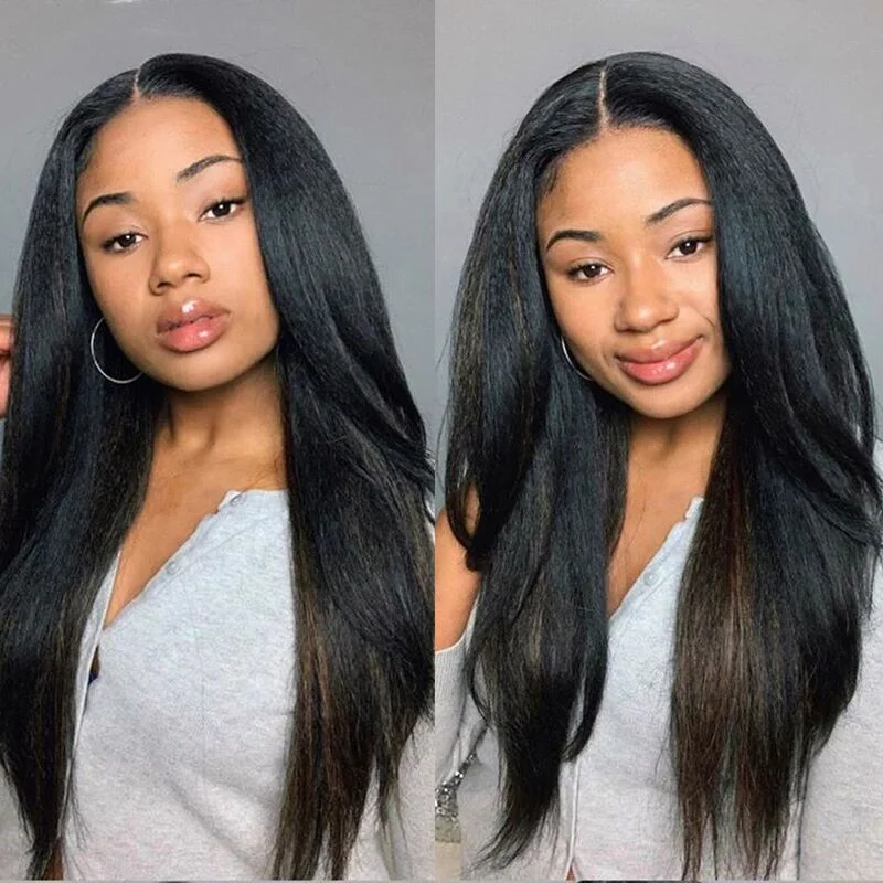 Human - hair wig in a jet - black color for a classic and timeless lookKinky Straight 4x4 HD Transparent Lace Closure Wig Yaki Straight 100% Virgin Human Hair