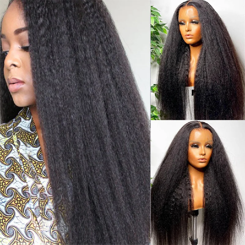 Indian - human - hair wig with a natural - looking shineKinky Straight 5x5/6x6 HD Lace Closure Wig Yaki Straight Virgin Human Hair Wig