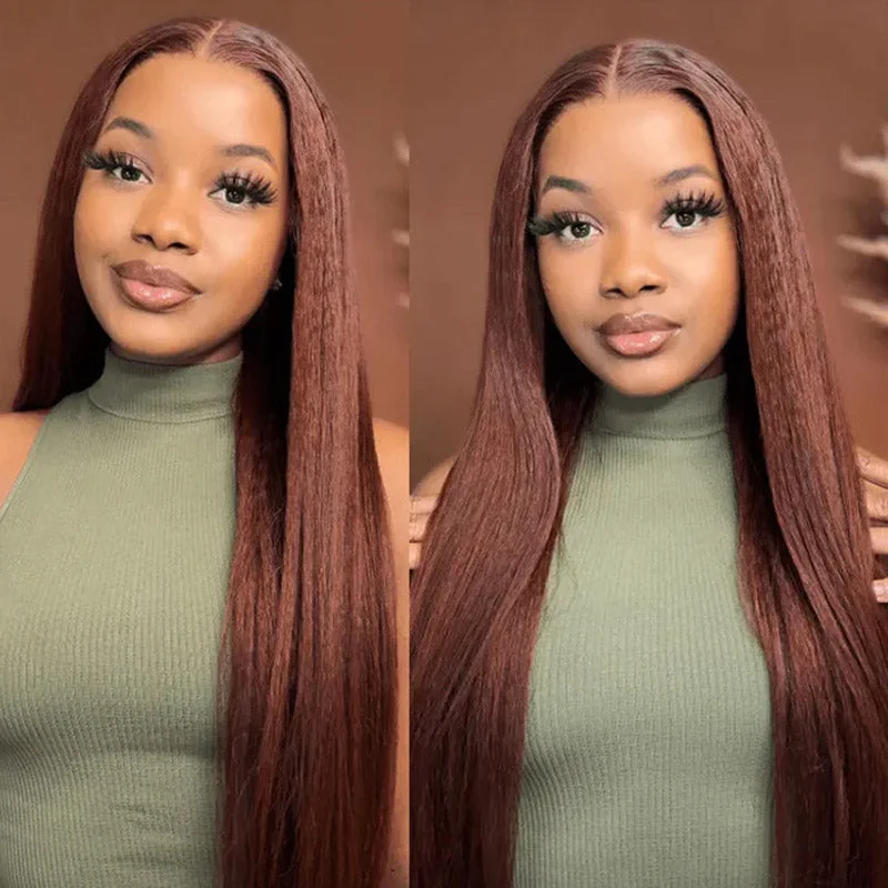 Colored wig with a middle - part for a classic and elegant styleKinky Straight Reddish Brown Pre-Colored 5X5 Lace Front Season Vibe Wig