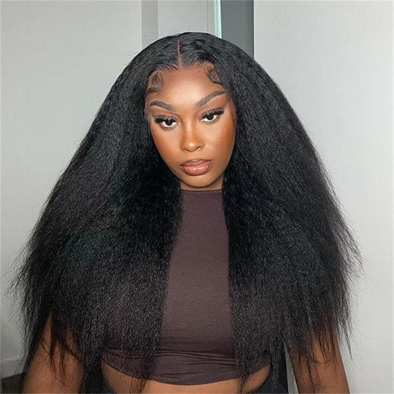 Colored wig with a wispy fringe for a soft and feminine lookKinky Straight Transparent Lace Front Wig 6x6 Lace Closure Wigs Human Hair for Black Women 180% Density