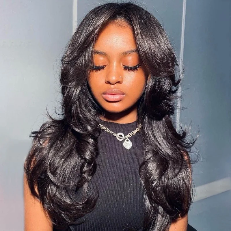 Adjustable - cap lace wig for a comfortable fitDesigner Layered Cut Lace Closure Wig with Butterfly Bangs Human Hair