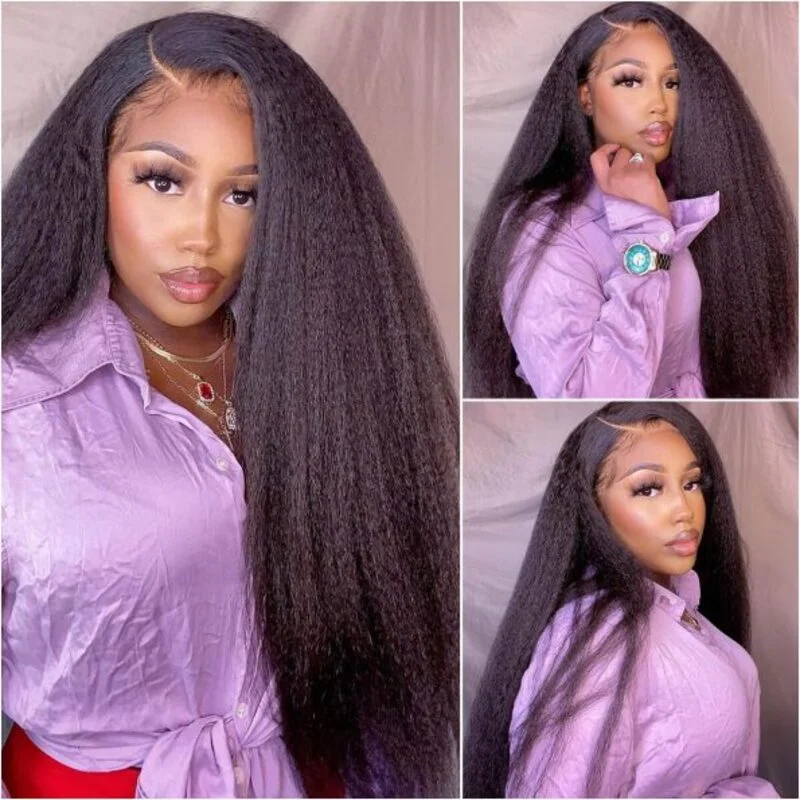 Indian - human - hair wig with a natural - looking shine40 Inch Long Kinky Straight HD Transparent Lace Front Wig Yaki Straight Virgin Human Hair