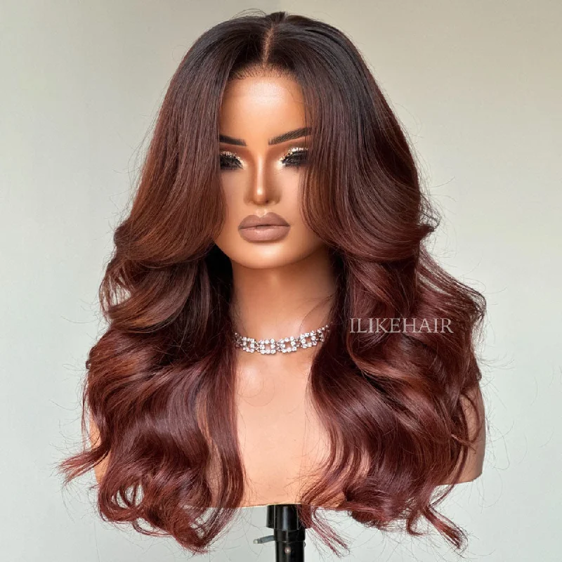 Colored wig with a side - part for a more flattering appearanceLong Layers Ombre Reddish Brown Body Wave Lace Closure Wig