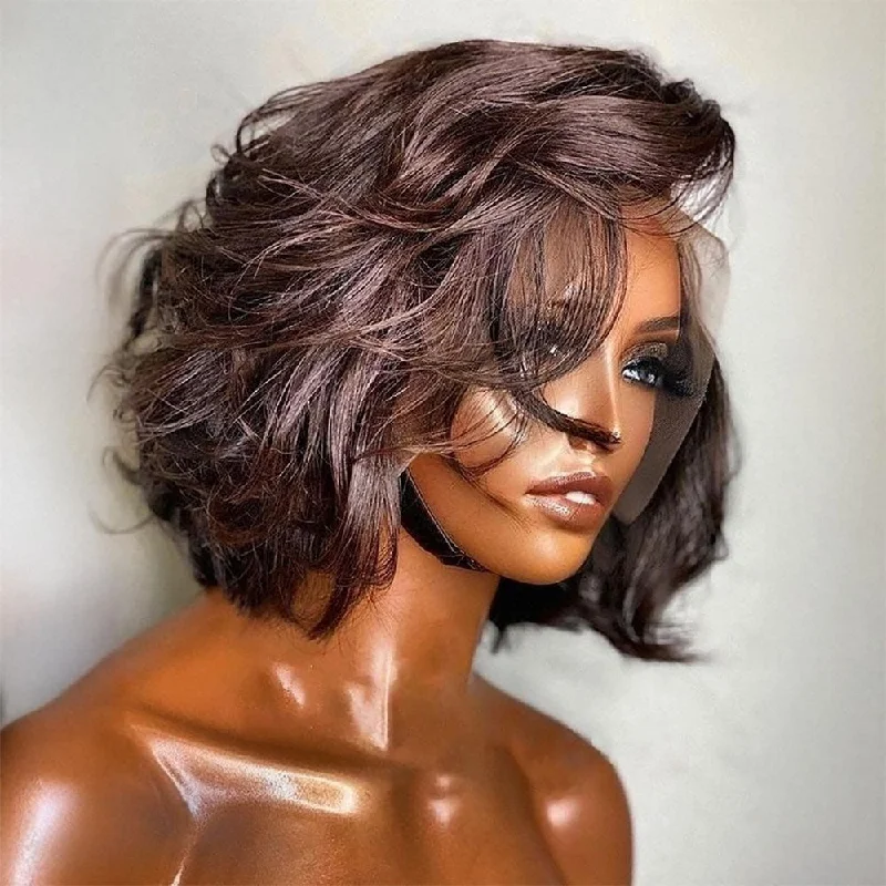 Colored wig in a vibrant pink color for a bold and eye - catching lookMessy Side Part  Bob Light Reddish Brown 13x4 Lace Front Wig