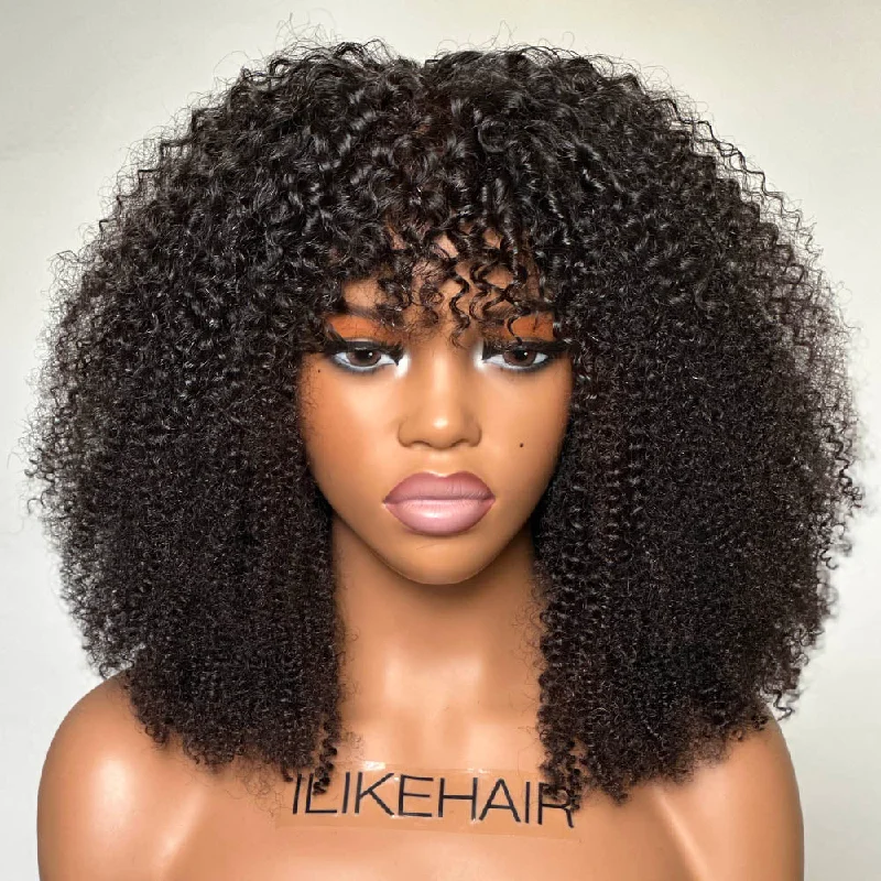 Human - hair lace wig for a luxurious and natural feelNatural Afro Kinky Curly With Bangs 5x5 Lace Closure Wig