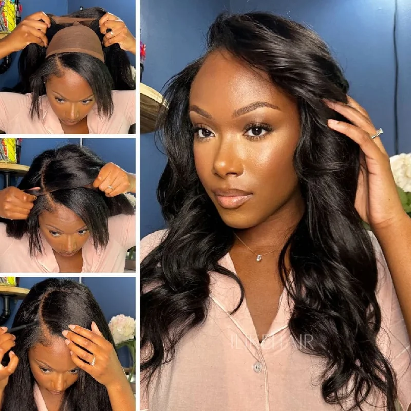 Lace wig with a wispy fringe for a soft and feminine lookNatural Kinky Straight Glueless Lace Closure Half Wig