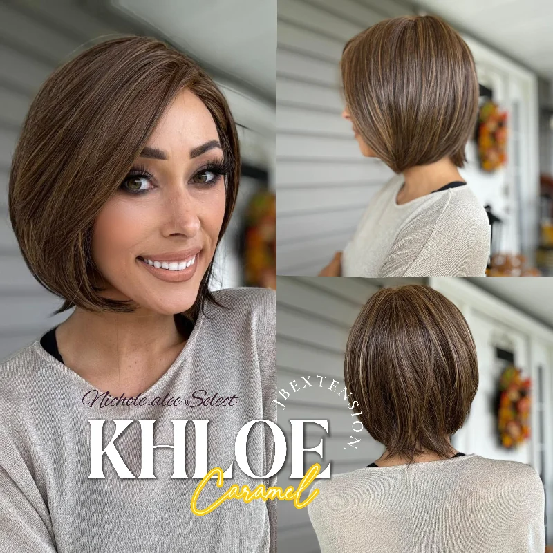 Lace wig with a natural - looking root for a more realistic lookNichole's Selection - 12 Inches Bob Cut Caramel Pre-Cut Snowflake Lace Frontlace Glueless Wig KHLOE LACE