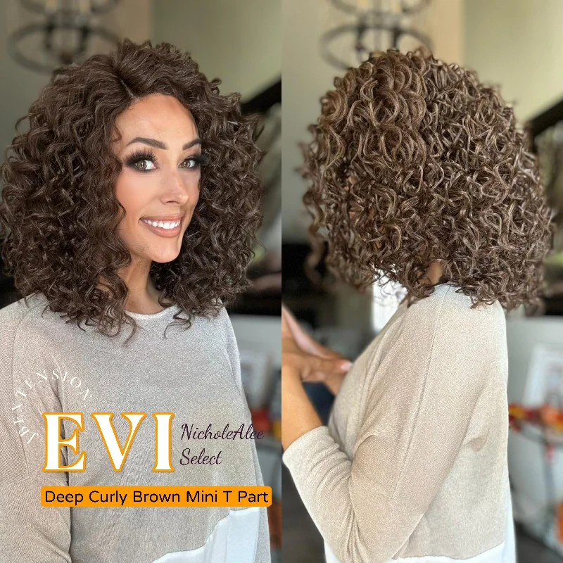 Lace wig with a middle - part for a classic and elegant style[PRE-ORDER] Nichole's Selection -15 Inches Deep Curly Brown Side Part Mini T Part Frontlace Glueless Wig EVI