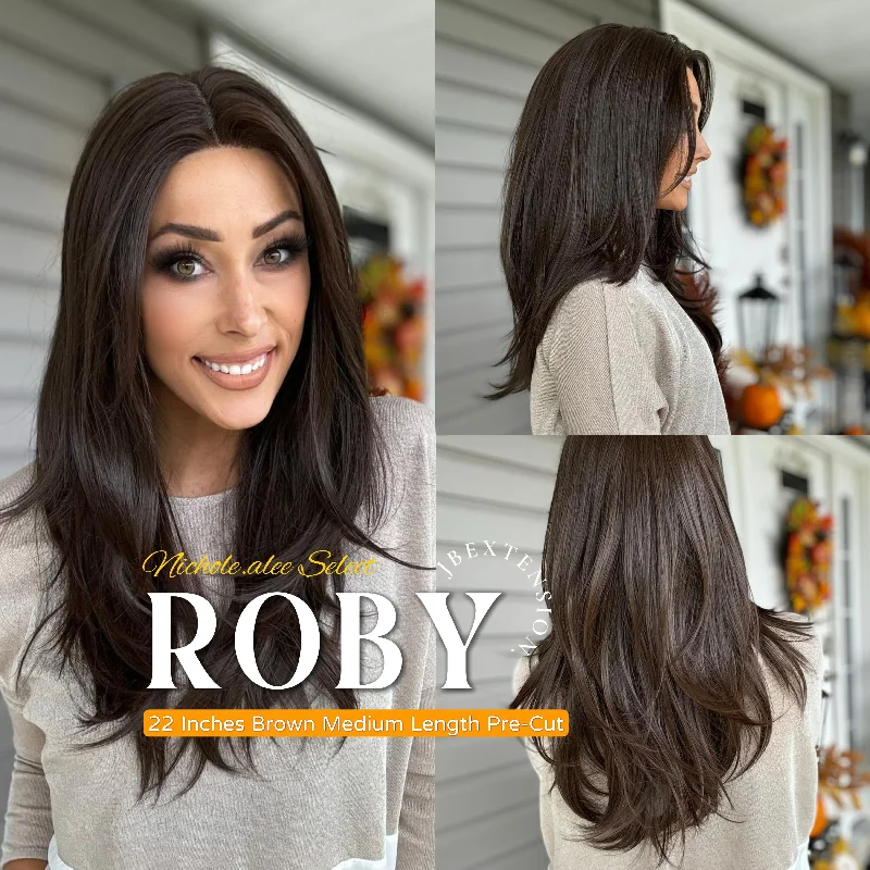 Lace wig in a chocolate - brown color for a rich and warm appearanceNichole's Selection -22 Inches Brown Medium Length Women Pre-Cut Frontlace Glueless Wig ROBY