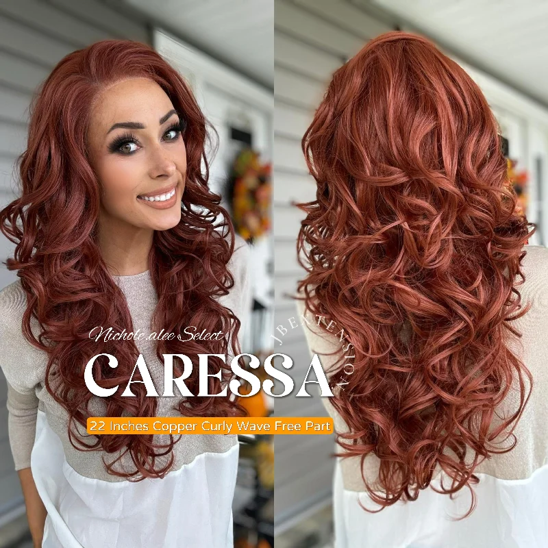 Adjustable - cap lace wig for a comfortable fitNichole's Selection - 22 Inches Copper Curly Wave Free Part Frontlae Glueless Wig CARESSA