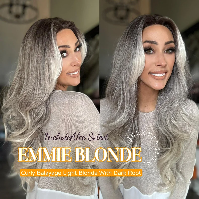 Human - hair lace wig for a luxurious and natural feelNichole's Selection -26 Inches Curly Balayage Light Blonde With Dark Root Wig Pre-Cut Frontlace Glueless Wig EMMIE LIGHT BLONDE