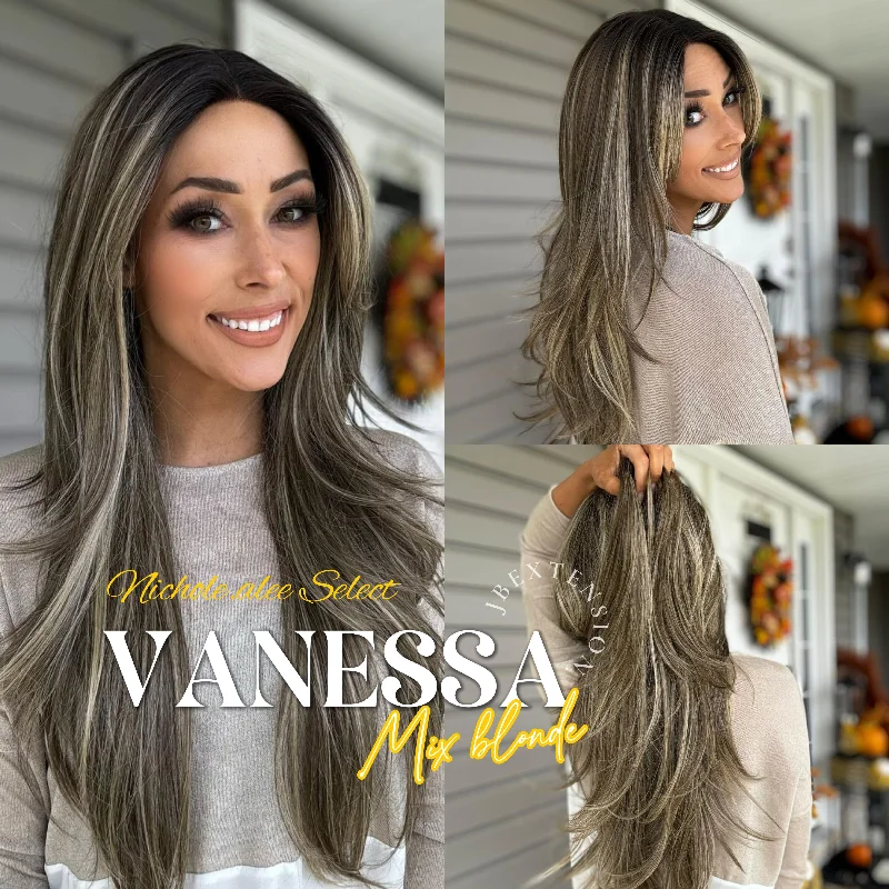 Lace wig with a silk - base cap for a comfortable and smooth feelNichole's Selection - 26 Inches Curly Dark Mix Blonde Pre-Cut Frontlace Wig VANESSA DARK MIX BLONDE