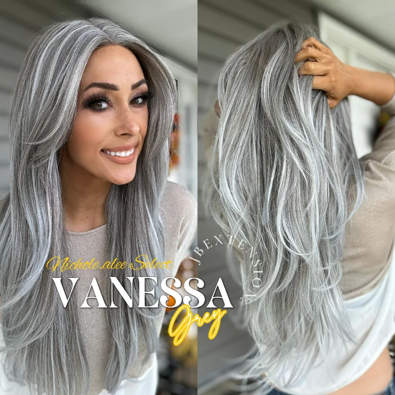 Lace wig with a curly texture for a bold and stylish choiceNichole's Selection - 26 Inches Curly Grey Pre-Cut Frontlace Wig VANESSA GREY