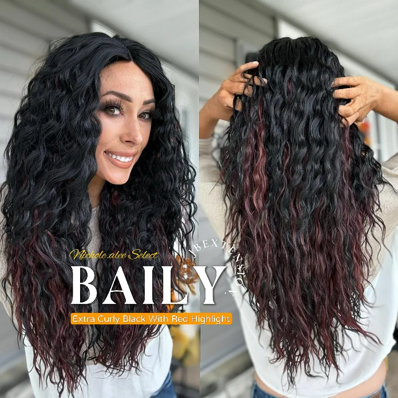 Lace wig with a straight texture for a sleek and minimalist lookNichole's Selection -26 inches Extra Curly Black With Red Highlight Frontlace Glueless Wig BAILEY