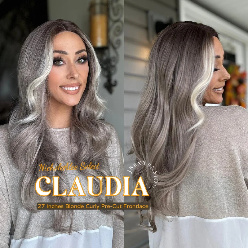 Lace wig with a 13x4 lace frontal for a wide - parting areaNichole's Selection -27 Inches Blonde Curly Pre-Cut Frontlace Glueless Wig CLAUDIA