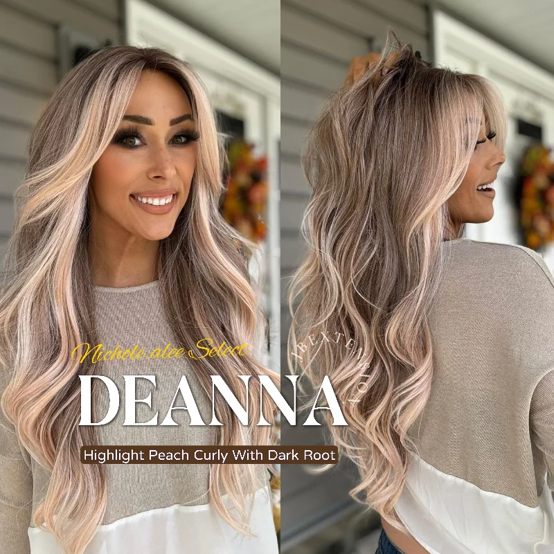 Lace wig with a 13x4 lace frontal for a wide - parting areaNichole's Selection - 28 Inches Highlight Peach Curly With Dark Root Frontlace Glueless Wig DEANNA