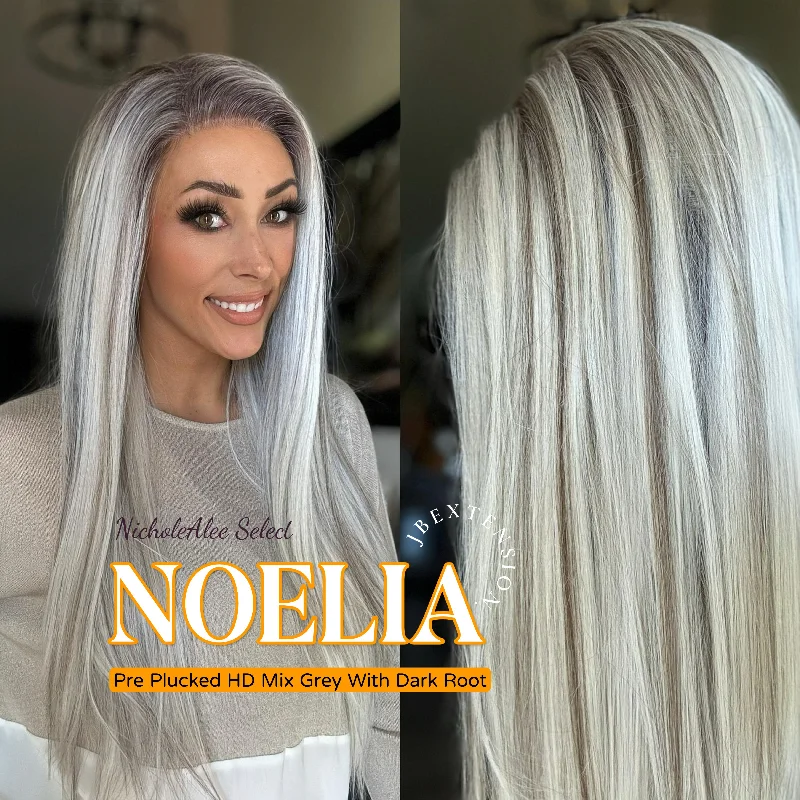 Lace wig with a pre - bleached knot for a natural - looking scalpNichole's Selection - 28 Inches Mix Grey With Dark Root Straight Lace Front Wig.Pre Plucked HD Transparent Lace Frontal Glueless Wig NOELIA