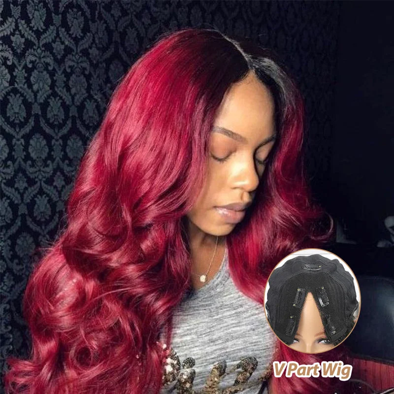 Colored wig with a 150 - density for a full and thick appearanceNo Leave Out Glueless 1B/99J Balayage Body Wave V Part Wig Beginner Friendly Upgrade U Part Wig