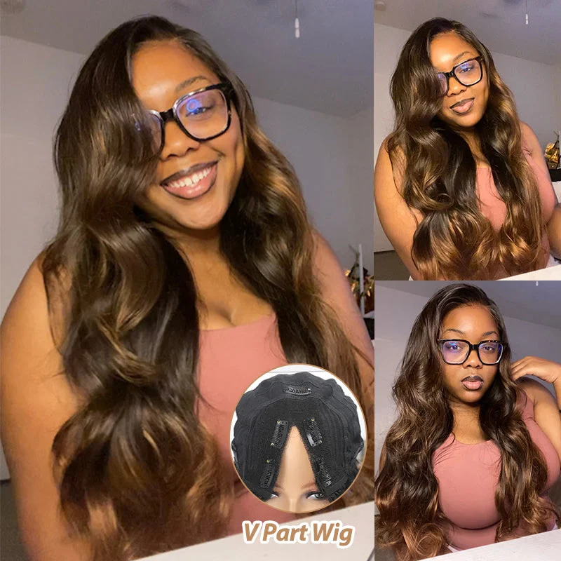 Colored wig with a pre - plucked hairline for a more natural lookNo Leave Out Glueless Chestnut Brown Balayage Body Wave V Part Wig Beginner Friendly Upgrade U Part Wig