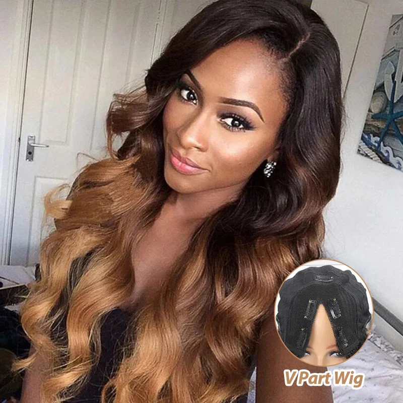 Synthetic colored wig with a heat - resistant formula for easy stylingNo Leave Out Glueless T1B/4/27 Ombre Body Wave V Part Wig Beginner Friendly Upgrade U Part Wig