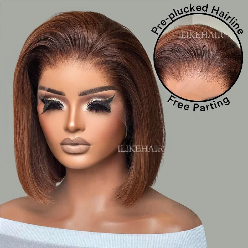 Colored wig with a pre - bleached knot for a natural - looking scalpOmbre Brown Free Parting Silky Straight Bob Lace Frontal Wig