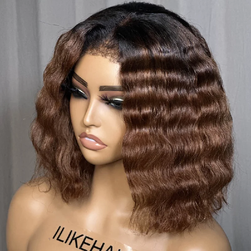 Lace wig with a pre - plucked hairline for a more natural lookPut On & Go Ombre Brown Wavy Kinky Edges Pre Cut 5x5 HD Lace Bob Wig