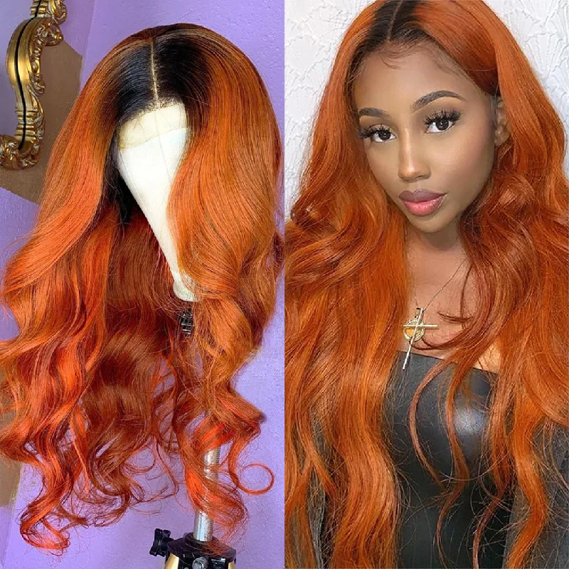 Lace wig with a wispy fringe for a soft and feminine lookOmbre Ginger Color Body Wave Real 13×4  Lace Frontal Wig Human Hair