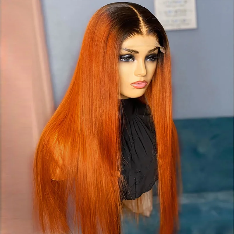 Human - hair lace wig for a luxurious and natural feelOmbre Ginger Color Straight 13x4 Lace Frontal Wig Human Hair