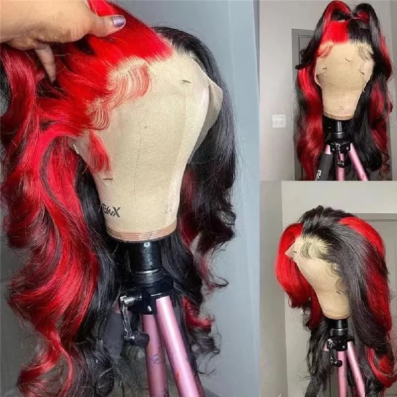 Lace wig with a side - part for a more flattering lookOmbre Highlight Body Wave Pre Plucked  13x4 Lace Frontal Wig Human Hair