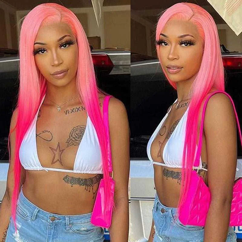 Colored wig with a blue - green ombre effect for a unique and trendy appearanceOmbre Pink Lace Front Wig Straight 100% Virgin Human Hair Wigs