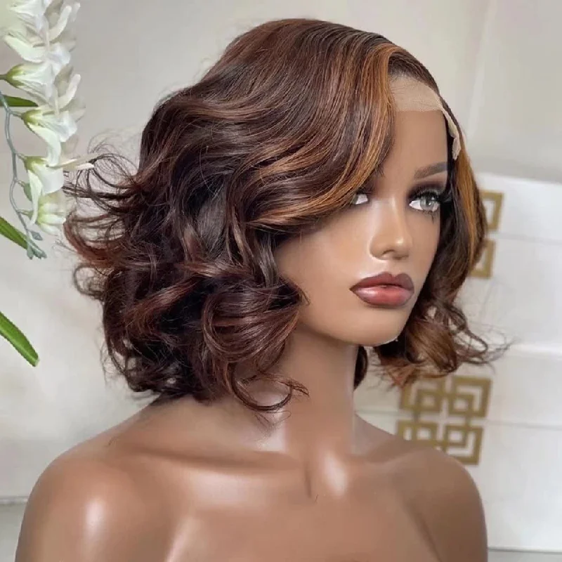 Colored wig with a wavy texture for a beachy and fun lookP1B/30 Highlight Short Bob Wavy Lace Human Hair Wig